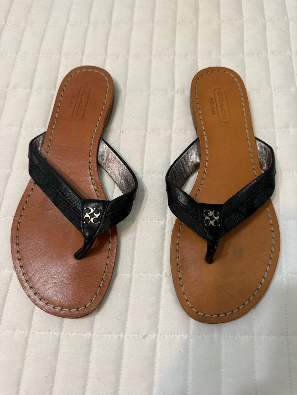 Coach Black Leather & Tan Leather Thong Sandals with Logo Accent